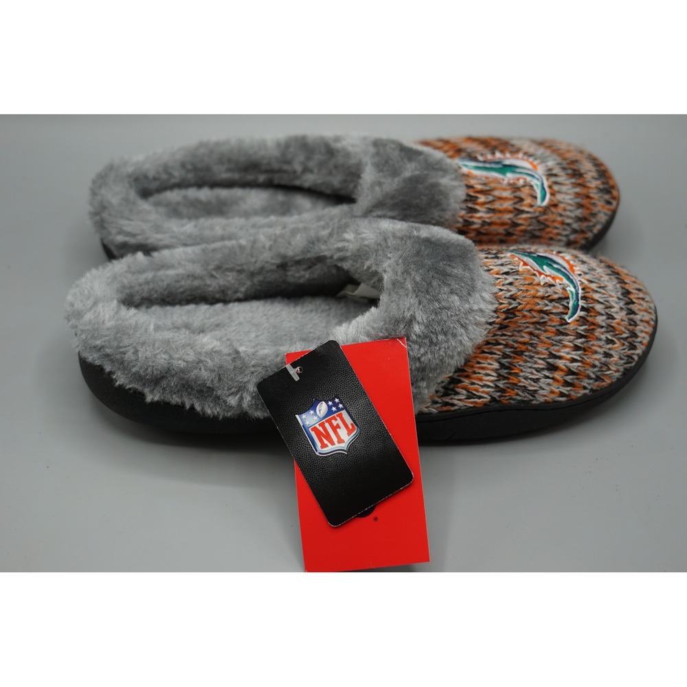 NFL Miami Dolphins FOCO Womens Knit Slippers Faux Fur Lined Grey Orange Medium